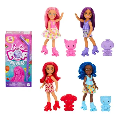BARBIE Pop Reveal Puppensortiment - Saftkartonverpackung mit 5 Überraschungen, fruchtiger Duft, bunte Haare, Rollschuhe und sensorische Funktionen, für Kinder ab 3 Jahren, HRK58