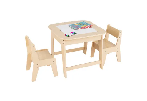 COSTWAY Kindertisch-Set mit 2 Stühlen, vielseitiger Zeichentisch für Kleinkinder - Multifunktionaler Kindertisch mit doppelseitiger Tischplatte (Whiteboard und Tafel) und verborgenem Stauraum. Ideal für Kreativität, Lernen und Spielen. Ergonomische Stühle für hohen Sitzkomfort.