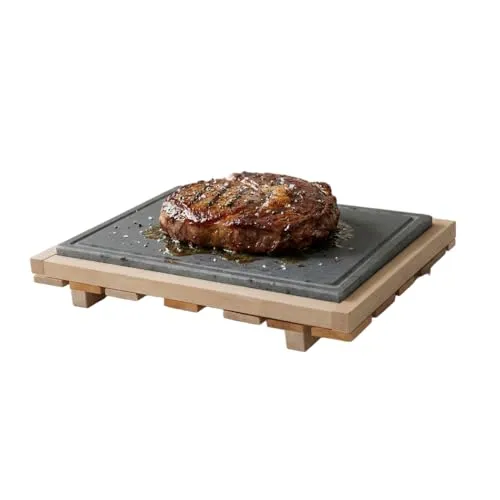 Sizilianischer Lavastein 38 x 30 x 1,5 cm, mit Halterung aus Buchenholz, herausnehmbar, Platte zum Kochen