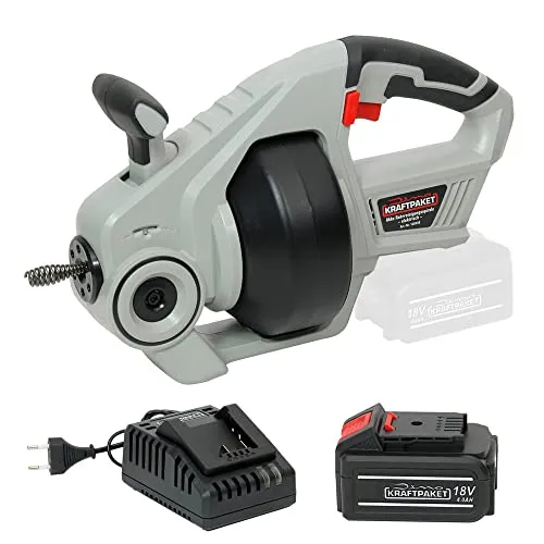 Dino KRAFTPAKET 18V-450W Akku Rohrreiniger elektrisch mit Rohrreinigungsspirale im Set mit 4Ah Akku und 4A Ladegerät Rohrreinigungsgerät geeignet für Rohrdurchmesser 19-76m