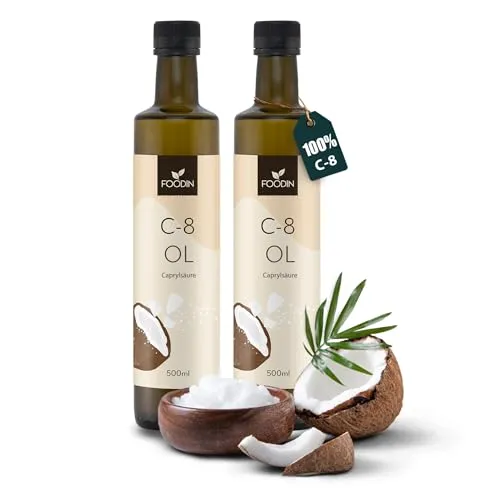 FOODIN MCT Öl C8, 1000ml Kokosöl, am besten für ketogene Ernährung, MCT Öl Ketone zum Trinken, 3x mehr Ketone (100% C8), Kokosöl flüssig und geschmacksneutral (2x500ml)