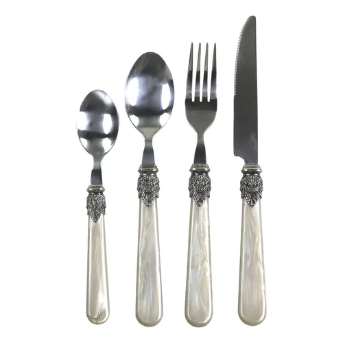 16tlg. Set Essbesteck Grau Shabby - Vintage Landhaus Stil - 16-teiliges Essbesteckset in elegantem Grau, ideal für 4 Personen. Aus hochwertigem Edelstahl mit stilvollen Perlmuttgriffen, perfekt für ein gemütliches Landhaus-Ambiente.