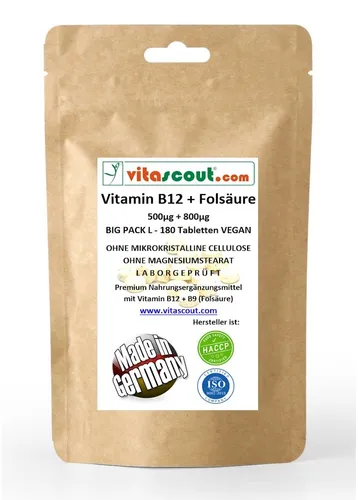 VITAMIN B12 500µg + FOLSÄURE aktiv 800µg mcg - 180 vegane Tabletten - Vitamin B9