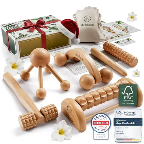 HELDSON® Premium Massage Set Holz [6 Teile] - Utensiliensets für manuelle Massage - Genieße entspannende Selbst- und Partnermassagen mit hochwertigen Massagegeräten aus FSC®-zertifiziertem Holz.