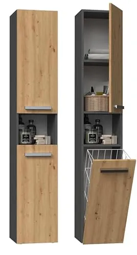 BDW Badezimmerschrank, Wäschekorb, 2 - Türen 174 x 31 x 30cm Unterschrank, Waschbeckenunterschrank, Hochschrank, Badmöbel, Bad-Hochschrank, Badregal, NEL III (Anthrazit/Artisan-Eiche)