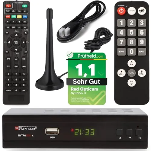 Opticum Nytrobox X DVB-T2 Receiver Set mit Antenne und Senioren Fernbedienung