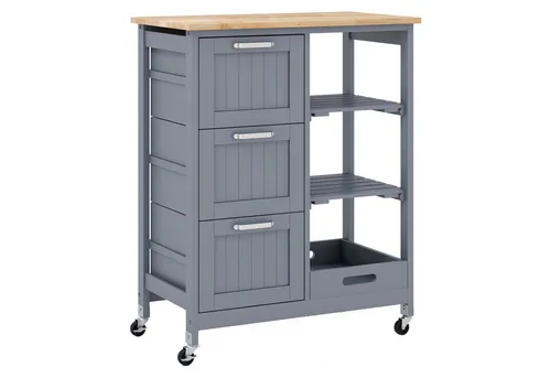 Costway Servierwagen mit Tablett Kücheninsel Aus Kautschukholz Grau