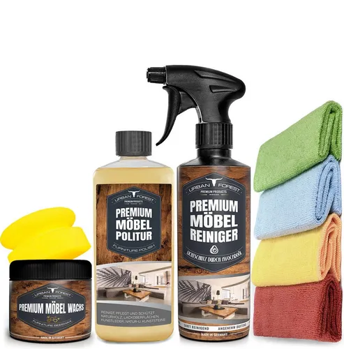 URBAN FOREST Holzpflege-Set 5-teilig - Bodenpflege für Holz mit Möbelreiniger, Möbelpolitur, Möbelwachs und Tüchern. Schützt und pflegt alle Holzarten nachhaltig mit natürlichen Inhaltsstoffen.