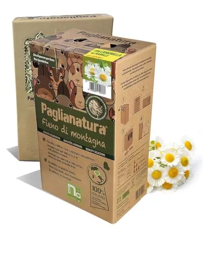 Paglianatura Mountain Hay 600 g mit Kamille im Spender — Naturfutter und Aromatherapie für Kaninchen und Nagetiere