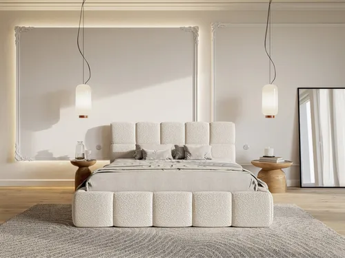 Selsey Cloudy Bett mit Polsterrahmen, Boucle-Bezug in Hellbeige, 180 cm - Elegantes Polsterbett für mehr Schlafkomfort mit modernem Design und weichem Boucle-Bezug. Ideal für eine gemütliche Schlafzimmergestaltung.