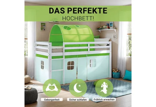 Homestyle4u Hochbett 90x200 mit Tunnel und Rausfallschutz - Betten für Kinder: Hochbett aus massivem Kiefernholz in Weiß und Grün, bietet großzügigen Platz für Spiel und Stauraum, inklusive flexibler Leiter und gemütlichem Stoffdach.