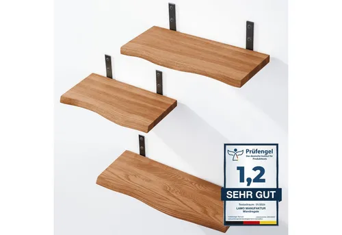 LAMO Manufaktur Wandregal LAMO Manufaktur 3 Stück Wandregal Holz 42/36/30cm, Schweberegal Massiv 100% Echtholz, Wandregale SET 1 Baumkante Farbe: Dunkel