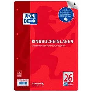 Oxford Ringbucheinlagen 400131580, Lineatur 26, A4, 90g/m², 50 Blatt, 4-fach gelocht, kariert mit Rand
