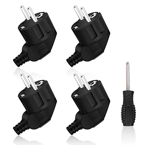 Aicharynic Schuko Stecker, 4 Stücke Schutzkontakt, Gummi Schutzkontaktstecker +1 X Schraubendreher, 250V (16A), Winkel-Stecker, IP44 Wasserdicht für Außenbereich, Schwarz