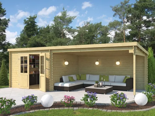 Gartenhaus Holzhaus St. Louis Exklusiv mit 4 m Anbau - Hochwertiges Holz-Gartenhaus mit 4 m Anbau, ideal für kreative Projekte im Garten. Robuste Fichte, Doppeltüren und großzügige Raumhöhe bieten vielseitige Nutzungsmöglichkeiten.