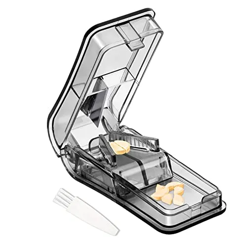 ILLUVA Tablettenteiler für Kleine und Große Tabletten, Pillenteiler mit Tablettenaufbewahrungsfach Für Tabletten in ein Halbes Viertel Schneiden (Schwarz)