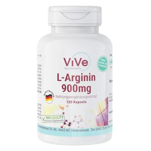 L-Arginin 900 mg - 120 Kapseln - Vegan - Beliebte Aminosäure - 900 mg Arginin-HCL pro Kapsel | Qualität aus Deutschland von ViVe Supplements