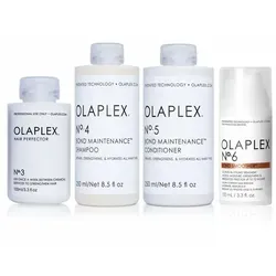 Olaplex Haarpflege Set - Hair Perfector No. 3 + Shampoo No. 4 + Conditioner No. 5 + Bond Smoother No. 6 - Olaplex Haarpflege Set mit Hair Perfector No. 3, Shampoo No. 4, Conditioner No. 5 und Bond Smoother No. 6. Ideal zur Stärkung und Pflege des Haares vor und nach dem Friseurbesuch. Für geschmeidiges und glänzendes Haar.