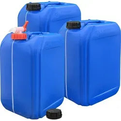plasteo® 3x 25 Liter Getränke Wasserkanister mit Hahn und Schraubdeckeln - Wasserbehälter & -kanister, lebensmittelecht und BPA-frei, ideal für Camping und Notfälle, ausgestattet mit praktischem Hahn und ergonomischen Griffen für einfache Handhabung.