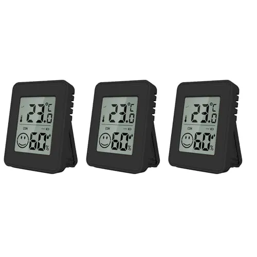 Miraval Thermo-/Hygrometer 3er-Set, Digital, Komfortindikator, Magnet, Standfuß, Wandhalterung, °C/°F (Schwarz)