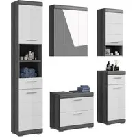 Badmöbel-Set SCHLOONSEE 5-teilig - Komplettes Badmöbel-Set in Weiß, bestehend aus Hochschrank, Spiegelschrank, Unterschrank und Hängeschrank. Hochwertige MDF-Front mit pflegeleichter Rillenoptik für moderne Badezimmer.