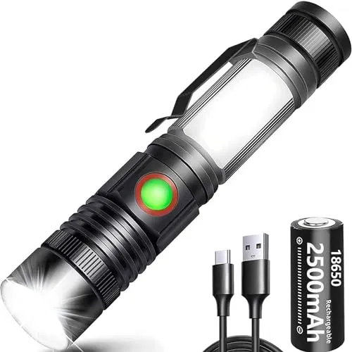 REHKITTZ LED Taschenlampe 2000 Lumen - Hochleistungs-Taschenlampe mit 2000 Lumen, 2500 mAh Akku und 4 Modi. Ideal für Camping und Mechanik, robust und mit starken Magneten für freihändige Nutzung.