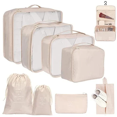 TAMOWA Koffer Organizer Set, Packwürfel Set 9-teilige, Packing Cubes für Koffer Urlaub und Reisen, Kofferorganizer, Reise Kleidertaschen für Kleidung Schuhe Unterwäsche Kosmetik, Beige