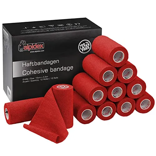 ALPIDEX 12 Rollen Haftbandage 10 cm x 4.5 m Selbstklebender Verband Pet Bandagen Fixierband Sport Vet Wrap Tape Selbsthaftend, Farbe:rot