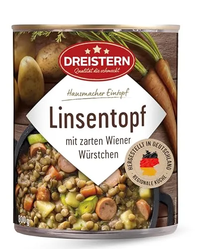 DREISTERN Linsentopf 800g I Mit Wiener Würstchen & Gemüse I Herzhafter Eintopf in recyclebarer Konservendose I Lange Haltbarkeit dank natürlicher Konservierung I Hausmacher Qualität
