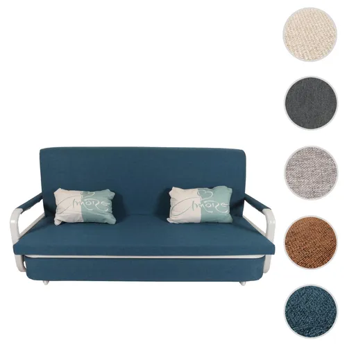 Mendler Schlafsofa HWC-M83 - Sofa mit Schlaffunktion und Bettkasten, ideal für Gäste mit Platzsparender Aufbewahrungstasche und stilvollem Design in Dunkelblau.