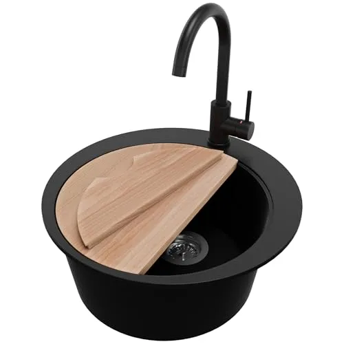 PRIMAGRAN Granitspüle Schwarz 50x50cm, Spülbecken Rund 1 Becken + Küchenarmatur 32x20cm + Zuberhor-Set, Küchenspüle ab 45er Unterschrank - Pisa S027