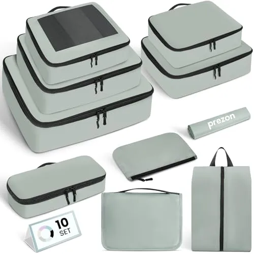 Prezon Packing Cubes 10 Set - Leichtgewichtige Kofferorganizer für effiziente Reiseorganisation - Kofferorganizer für optimale Gepäckorganisation mit leichtem Design und doppelten Reißverschlüssen. Ideal für Familienreisen, inklusive Kosmetiktäschchen und Wäschebeutel.