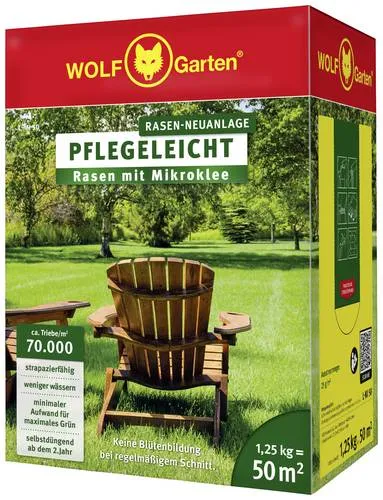 WOLF-Garten Rasen mit Mikroklee L-MI 50, 1.25kg - Strapazierfähige Rasenmischung mit Mikroklee für geringeren Pflegeaufwand und schnelles, dichtes Grün. Ideal für trockene Standorte mit minimalem Bewässerungsbedarf.