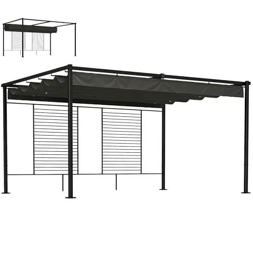 Outsunny Pergola 3,87 x 2,97 m mit Schiebedach und Sichtschutz - Moderne Pergola für Terrasse und Garten mit verstellbarem Dach für optimalen Sonnenschutz. Robuster Stahlrahmen und integrierte Drainagelöcher sorgen für Stabilität und Langlebigkeit.