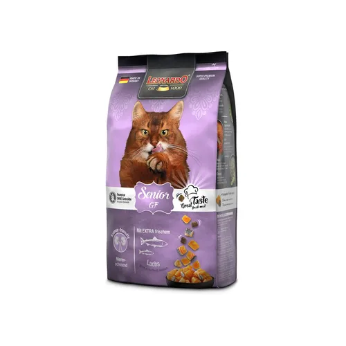 Leonardo Trockenfutter für Katzen Senior Getreidefrei, Lachs - Katzenfutter für Senioren ab 10 Jahren, getreidefrei und kalorienreduziert für eine gesunde Ernährung, unterstützt die Vitalität und das Wohlbefinden älterer Katzen.