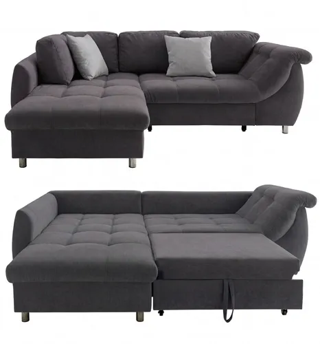 luma-home Ecksofa 17008 mit Bettfunktion, Ottomane links, Mikrofaser Anthrazit - Ecksofa mit Schlaffunktion, hochwertige Wellenunterfederung für optimalen Sitz- und Liegekomfort, ideal für Gästezimmer oder Wohnzimmer.