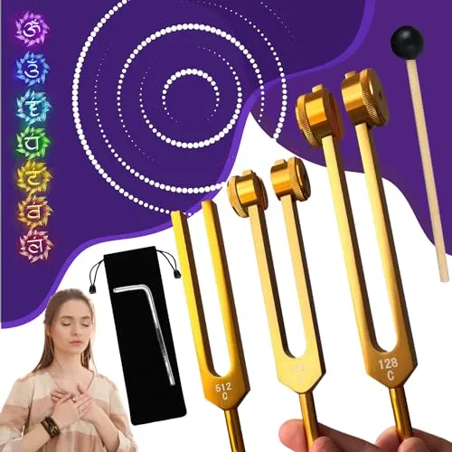 Stimmgabel x3 - Professionelle Therapeutische Stimmgabeln 128 Hz, 256 Hz, 512 Hz | 3er-Set aus vergoldetem Aluminium