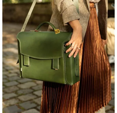 Jahn-Tasche Aktentasche Damen-Aktentasche, Leder Oliv-Grün, Futter Blau, Jahn-Tasche 609