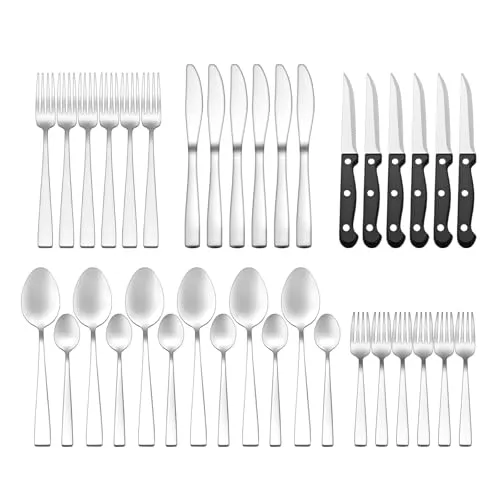 OTTO KONING Besteck Set 36-teilig Edelstahl Silber Steakmesser 6 Personen | Rostfreier Edelstahl, spülmaschinenfest, Spiegelglanz-Finish, silber mit schwarzen Griffen, für Alltag und Feste