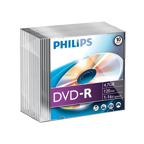 10x Philips DVD-R 4,7 GB Rohlinge 120 Minuten Aufnahmezeit 16x Speed im SlimCase
