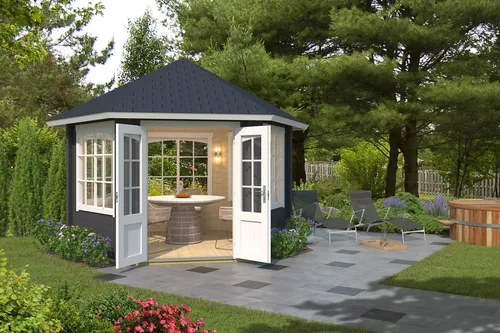 Pavillon Walmdach Ilmenau grau 350x350 cm - Gartenhäuser & Pavillons: Robuster Pavillon mit 44 mm Wandstärke, abschließbar und mit 5 Fenstern für optimalen Lichteinfall – ideal für Gartenpartys oder entspannte Stunden im Freien.