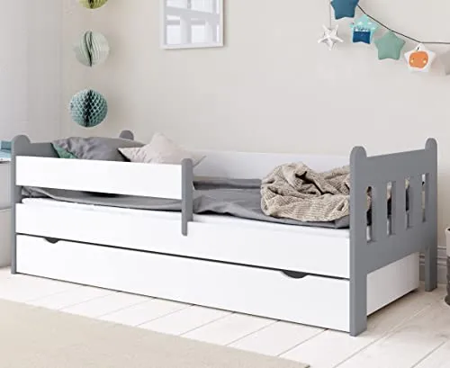 Kids Collective Kinderbett 80x160 | 80x180 | 90x200 cm - Kleinkindbett mit integrierter Schublade für Ordnung, beidseitig anbringbare Sicherheitsbarriere und stabilen Lattenrost. Höchste Qualität und Sicherheit, getestet nach EU-Normen.