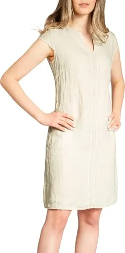 Caspar SKL036 Damen Sommer Leinenkleid mit ausgefallenem Ausschnitt, Farbe:beige, Größe:L - DE40 UK12 IT44 ES42 US10