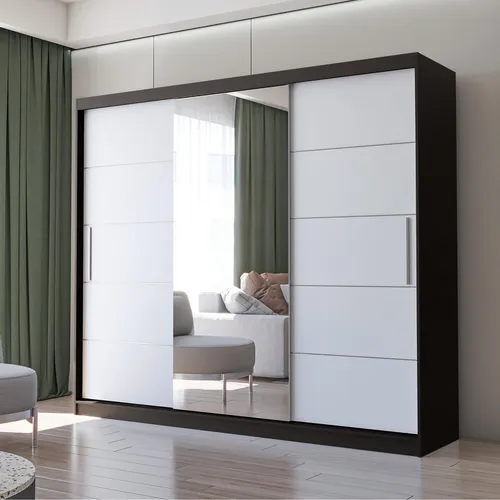 Alba Schwebetürenschrank mit Spiegel 250cm Schwarz/Weiß - Geräumiger 3-türiger Kleiderschrank mit Spiegelfront, ideal für stilvolle Aufbewahrung und Platzersparnis im Schlafzimmer oder Ankleidezimmer.