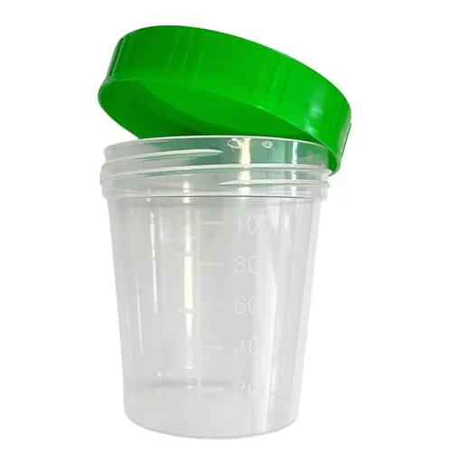 50x Urinbecher | Probenbecher hochwertig | 125 ml Fassungsvermögen bis 100 ml graduiert | auslaufsicherer und gefriertauglicher Urinprobenbecher mit grünem Schraubdeckel