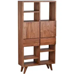 Regal Tamesi aus massivem Teakholz - Wunderschönes Regal im Mid-Century Stil, handgefertigt aus massivem Teakholz. Mit 7 offenen Fächern und 2 Schranktüren bietet es viel Platz für Ihre Schätze und vereint Funktionalität mit elegantem Design.