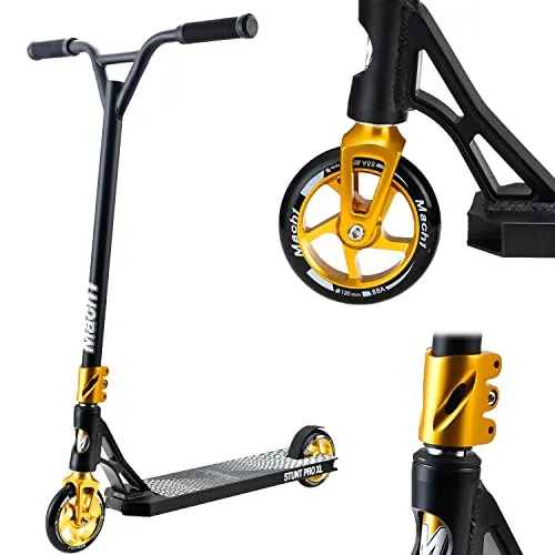Mach1 Stunt Scooter mit 360° Lenkung - 120mm Rollen für Kinder ab 6 Jahre (schwarz-Gold) - Der Mach1 Stunt Scooter bietet hohe Wendigkeit und Stabilität dank der 120mm Rollen und robustem Aluminium-Rahmen. Ideal für Tricks und Spaß im Freien, perfekt für Kinder ab 6 Jahren.