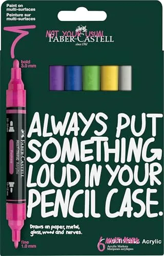 Faber-Castell 186009 Multimark Acrylmarker Set, 6 Acrylstifte mit Doppelspitze - Vielseitiges Acrylmarker Set mit 6 wasserfesten Stiften in kräftigen Farben, ideal für kreative Projekte auf verschiedenen Oberflächen. Doppelspitze für präzises Arbeiten und schnelltrocknende, lichtechte Tinte.