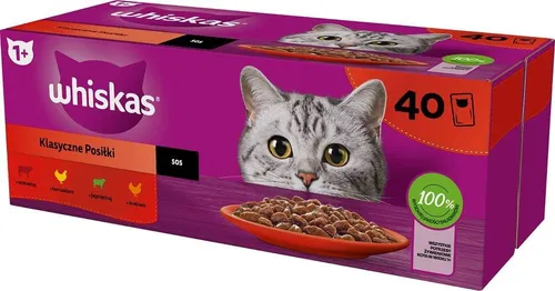 Whiskas Katzenfutter Nassfutter Adult 1+ - Klassische Auswahl in Soße, 40x85g Mega Pack für gesunde Haut und schönes Fell