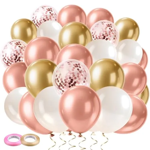 Elalove 70 Stück Luftballons in Rosa, Weiß & Gold – 12 Zoll Latex Ballons mit 2 Bändern für Geburtstag, Hochzeit, Party – Pastellfarbene & Goldene Luftballons im Set